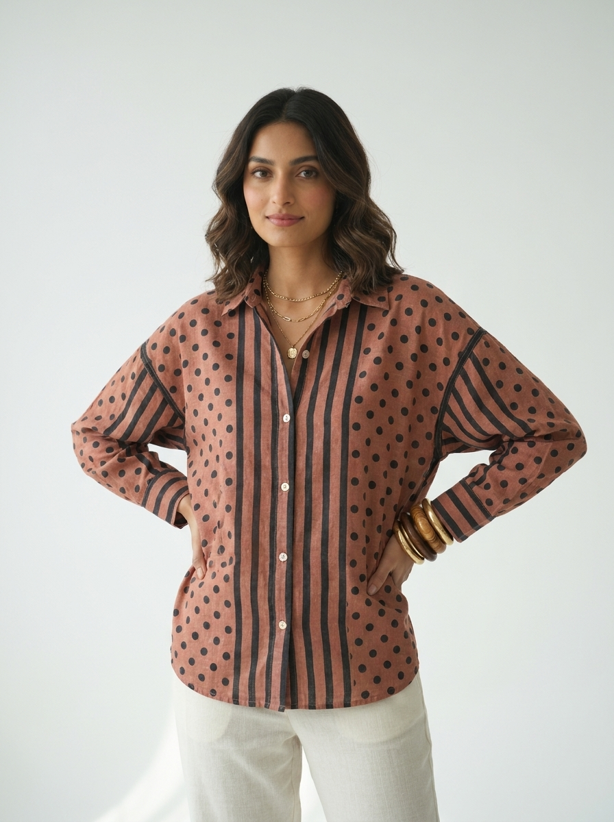 Filter Kaafi handblock printed cotton shirt - polka dot and stripes
